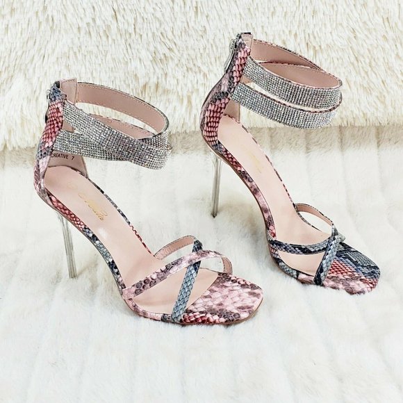 Pink Snake Print Rhinestone Double Ankle Strap Closed Back High Heel Shoes - Picture 6 of 12